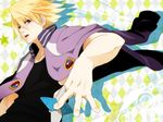  blonde_hair face foreshortening hands highres ivan_karelin jacket letterman_jacket male_focus murata0033 origami purple_eyes purple_jacket shuriken solo tiger_&amp;_bunny 