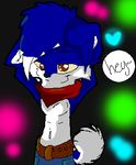  &lt;3 belt blue_hair brown_eyes canine clothed clothing dialog english_text fox hair half-dressed handkerchief looking_at_viewer male mammal pants rave raver raverikosexysexynesssixpack redadapanther smile solo text topless 
