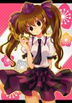  blush breasts brown_eyes brown_hair cellphone checkered checkered_skirt girotin_ginza hat himekaidou_hatate long_hair medium_breasts necktie phone pointy_ears skirt solo tokin_hat touhou twintails 