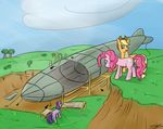  airship applejack_(mlp) blonde_hair cutie_mark equine female feral friendship_is_magic fur group hair hat horn horse mammal my_little_pony pink_fur pink_hair pinkie_pie_(mlp) pony speccysy tree twilight_sparkle_(mlp) unicorn wood zeppelin 