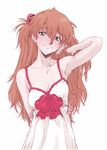  armpits blue_eyes breasts brown_hair chemise cleavage evangelion:_2.0_you_can_(not)_advance hair_tousle harukaze_koucha long_hair medium_breasts neon_genesis_evangelion rebuild_of_evangelion shikinami_asuka_langley simple_background smile solo souryuu_asuka_langley upper_body 