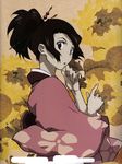  brown_eyes brown_hair female fingernails floral_pattern floral_print flower fuu hair_ornament hairpin highres japanese_clothes kimono long_hair looking_at_viewer looking_back nail_polish open_mouth painted_fingernails pointing ponytail raised_hands samurai_champloo solo sunflower 