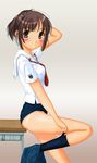  blush brown_eyes brown_hair desk hand_on_own_head highres kibina_high_school_uniform kimi_kiss necktie no_pants sakino_asuka school_swimsuit school_uniform serafuku shiukichi socks solo swimsuit swimsuit_under_clothes tears undressing 