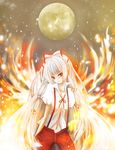  bad_id bad_pixiv_id bangs blunt_bangs fire fujiwara_no_mokou full_moon hair_ribbon hands_in_pockets head_tilt highres hime_cut light_smile lips long_hair moon navel red_eyes ribbon sepia short_sleeves shuo smile solo suspenders touhou very_long_hair 