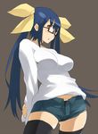  bad_id bad_pixiv_id bespectacled blue_hair bow breasts casual dizzy domu glasses guilty_gear hair_bow large_breasts long_hair red_eyes ribbon semi-rimless_eyewear short_shorts shorts solo thighhighs twintails under-rim_eyewear 