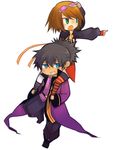  1girl artist_request blue_eyes brown_hair carrying gloves goggles green_eyes ponytail raven_(tales) rita_mordio short_hair shoulder_carry smile tales_of_(series) tales_of_vesperia white_background 