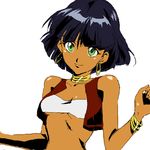  bandeau bare_shoulders black_hair bob_cut bracelet breasts collarbone dark_skin earrings fushigi_no_umi_no_nadia green_eyes jewelry nadia neck_ring oekaki orie short_hair small_breasts smile solo strapless tubetop underboob vest 