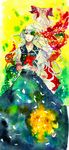  back-to-back bad_id bad_pixiv_id colorful from_behind fujiwara_no_mokou hair_ribbon highres kamishirasawa_keine multiple_girls no_hat no_headwear ribbon sakuma standing touhou traditional_media watercolor_(medium) 