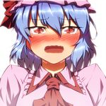  blue_hair blush fang hat kaiza_(rider000) red_eyes remilia_scarlet shiny shiny_hair short_hair slit_pupils solo tears touhou trembling wavy_mouth 