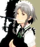  bad_id bad_pixiv_id bow braid brown_eyes grey_hair hair_bow holding izayoi_sakuya knife maid maid_headdress masao mouth_hold shadow short_hair silver_hair snot solo tears touhou twin_braids upper_body 