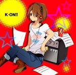  beamed_eighth_notes boots can denim eighth_note gen_(enji) headphones hirasawa_yui jeans k-on! listen!! musical_note pants quarter_note sheet_music soda_can solo 