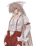  fujiwara_no_mokou hair_over_one_eye hair_ribbon hands_in_pockets red_eyes ribbon shirt solo touhou transparent_background versapro white_shirt 