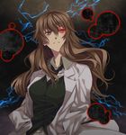  aida_(.hack//) bags_under_eyes breasts brown_eyes brown_hair electricity glowing glowing_eyes hand_in_pocket hands_in_pockets kiyama_harumi kouichirou labcoat large_breasts long_hair necktie solo to_aru_kagaku_no_railgun to_aru_majutsu_no_index vest 