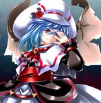  blue_hair fangs fingernails hat highres nail_polish pink_nails red_eyes remilia_scarlet short_hair solo touhou wings yoiti 