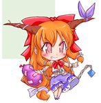  blush blush_stickers chain chibi gourd grin hair_ribbon horns ibuki_suika long_hair orange_hair pink_eyes ribbon smile solo teiou_netsuaimaru touhou very_long_hair 