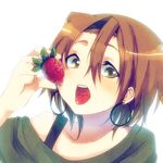  bad_id bad_pixiv_id bare_shoulders brown_hair casual dancho_(dancyo) earrings food fruit hairband holding holding_food holding_fruit hoop_earrings jewelry k-on! listen!! no_nose open_mouth round_teeth short_hair solo strawberry tainaka_ritsu teeth tongue tongue_out yellow_eyes 