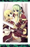  absurdres blonde_hair breasts cleavage copyright_request green_hair highres kashiwamochi_yomogi multiple_girls non-web_source pointy_ears small_breasts sword thighhighs weapon white_legwear 