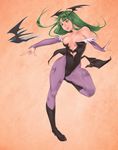  animal_print bad_id bad_pixiv_id bat_print breasts cleavage demon_girl green_hair head_wings heart highres leotard long_hair medium_breasts morrigan_aensland pantyhose print_legwear solo succubus ultra00 vampire_(game) wings 