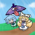  chibi karakasa_obake multiple_girls purple_umbrella rain shared_umbrella tatara_kogasa touhou umbrella yakumo_ran yanagi_(nurikoboshi) 