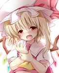  blonde_hair commentary flandre_scarlet hat highres irori red_eyes short_hair side_ponytail solo tears touhou wings 