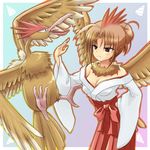  bird brown_eyes brown_hair fearow gen_1_pokemon japanese_clothes lowres miko moemon personification pokemon pokemon_(creature) tenjou_ryuka wings 