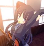  akiyama_mio bass_guitar black_hair blue_eyes blush instrument k-on! kamo_(rsrk) light_rays long_hair mouth_hold plectrum school_uniform solo stretch sunbeam sunlight upper_body 