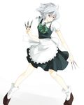  apron bad_id bad_pixiv_id between_fingers braid colored_eyelashes eyelashes hijiri_(resetter) izayoi_sakuya knife long_legs maid red_eyes ribbon short_hair silver_hair simple_background solo touhou twin_braids waist_apron 