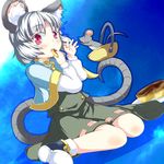  animal_ears bad_id bad_pixiv_id basket cake capelet cheese cheesecake food grey_hair konata_gazel mouse mouse_ears mouse_tail nazrin red_eyes short_hair sitting solo tail touhou wariza 