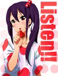  bad_id bad_pixiv_id black_hair food fruit hair_bobbles hair_ornament holding holding_food holding_fruit k-on! kirisawa_saki listen!! nakano_azusa polka_dot red_eyes side_ponytail solo strawberry 