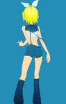  ass back bare_shoulders blonde_hair bow hair_bow highres kagamine_rin leg_warmers meso3 short_hair shorts solo suspenders vocaloid 