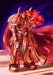  armor cape elizaveta_bikuin horns long_hair magnus_the_red male_focus one-eyed red_hair solo sword warhammer_40k weapon 