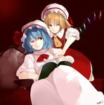  bad_id bad_pixiv_id bat_wings blonde_hair blue_hair book dress flandre_scarlet hat multiple_girls nobusnow one_eye_closed red_eyes remilia_scarlet short_hair siblings sisters sitting smile squinting touhou uneven_eyes wings 