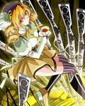  ashi_ura beret blonde_hair blurry boots breasts brown_legwear corset cup depth_of_field detached_sleeves drill_hair field_of_blades fingerless_gloves from_above gloves gun hair_ornament hairpin hat highres large_breasts long_hair looking_up magical_girl magical_musket mahou_shoujo_madoka_magica planted_weapon pleated_skirt puffy_sleeves ribbon rifle saucer shirt skirt solo striped striped_legwear taut_clothes taut_shirt tea teacup thighhighs tomoe_mami twin_drills twintails vertical-striped_legwear vertical_stripes weapon yellow_eyes zettai_ryouiki 