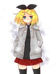  bad_id bad_pixiv_id blonde_hair blue_eyes hands_in_pockets hood hooded_jacket jacket kagamine_rin short_hair skirt solo tarabagani thighhighs vocaloid 