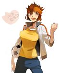  ball brown_eyes brown_hair denim endou_mamoru genderswap genderswap_(mtf) headband hiroaki_(angie) inazuma_eleven_(series) inazuma_eleven_go jacket jeans older open_mouth pants short_hair soccer_ball solo telstar 