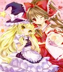  blonde_hair bow braid brown_eyes brown_hair detached_sleeves dress hair_bow hair_tubes hakurei_reimu hat kirisame_marisa long_hair multiple_girls smile touhou witch_hat yellow_eyes yukim27 