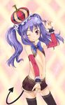  abe_kanari bare_shoulders black_legwear bow crown demon_tail detached_sleeves flat_chest hair_twirling highres long_hair midriff navel one_eye_closed original pink_eyes purple_hair shorts smile solo tail thighhighs twintails wrist_cuffs 