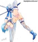  bad_id bad_pixiv_id bdsm blue_eyes blue_hair blush bondage boots bound bound_leg bound_wrists breasts cape censored chain dripping ginko_(silver_fox) large_breasts leg_up magical_girl mahou_shoujo_madoka_magica miki_sayaka navel nipples no_pants panties pee peeing short_hair solo striped striped_panties sword thighhighs torn_clothes underwear upside-down watermark weapon web_address wet white_legwear 