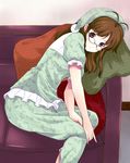  akizuki_ritsuko antenna_hair bad_id bad_pixiv_id brown_eyes brown_hair couch glasses hair_down hat idolmaster idolmaster_(classic) long_hair onion_(lemlaml) open_mouth pajamas pillow red_eyes sitting solo 