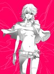  3count aqua_eyes barnaby_brooks_jr belt breasts genderswap genderswap_(mtf) jacket jewelry medium_breasts monochrome navel necklace nipples no_bra open_clothes open_shirt red_background shirt short_shorts shorts solo spot_color studded_belt thighhighs tiger_&amp;_bunny 