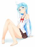 ahoge antenna_hair arm_support bad_id bad_pixiv_id bare_legs bare_shoulders barefoot blue_eyes blue_hair blush bow denpa_onna_to_seishun_otoko feet full_body head_tilt highres long_hair looking_at_viewer nagian navel off_shoulder open_clothes school_uniform simple_background sitting skirt solo touwa_erio very_long_hair wet 