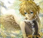  alternate_costume angel_wings aqua_eyes arm_warmers bare_shoulders blonde_hair boy cloud clouds collar frame jewelry kagamine_len male male_focus necklace ponytail popped_collar solo vest vocaloid wings yorozuyutaka_(mayu2965) 