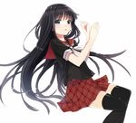  black_hair blue_eyes bow kurasawa_moko long_hair original plaid plaid_skirt school_uniform serafuku simple_background skirt solo thighhighs zettai_ryouiki 