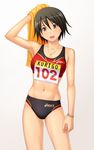  armpits asics black_hair brown_eyes buruma fang highres jewelry kuri_(kurigohan) necklace open_mouth original short_hair solo sports_bikini towel track_uniform 