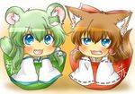  :3 animal_ears bad_id bad_pixiv_id blue_eyes blush bow brown_hair cat_ears chibi detached_sleeves fang frog green_hair hair_bow hair_tubes hakurei_reimu hamster_ears in_bowl in_container kemonomimi_mode kochiya_sanae long_hair long_sleeves multiple_girls open_mouth rebecca_(keinelove) snake tail touhou translated 