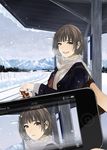  :d bag brown_eyes brown_hair can cellphone cellphone_picture gloves iphone moeru_iphone_dokuhon mountain open_mouth original phone railroad_tracks scarf short_hair sime_(echo) smartphone smile snow snowing train_station tree winter 