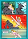 2011 angry anthro blonde_hair bra breasts clothing comic detailed_background digital_media_(artwork) duo english_text felid female forest green_eyes hair hi_res human kick locofuria male mammal muscular outside panties punch running selina_kyle_(character) text tree tygrus_(character) unconscious underwear wood 