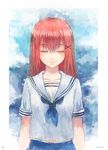  ascot bangs bryanth closed_eyes eyelashes highres long_hair original red_hair school_uniform smile solo traditional_media watercolor_(medium) 