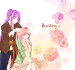  blue_eyes braiding_hair casual chair dress flower hairdressing jacket kamui_gakupo long_hair megurine_luka multiple_girls pink_hair purple_hair rigu_(what_will_be_will_be!) sitting sleeves_pushed_up vocaloid 