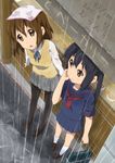  2girls bag black_hair black_legwear brown_eyes brown_hair d: dated errant from_above handkerchief hirasawa_yui k-on! kneehighs loafers long_hair looking_up multiple_girls nakano_azusa open_mouth pantyhose pleated_skirt rain school_bag school_uniform serafuku shoes short_hair sidelocks skirt standing sweater_vest wet wet_clothes white_legwear 